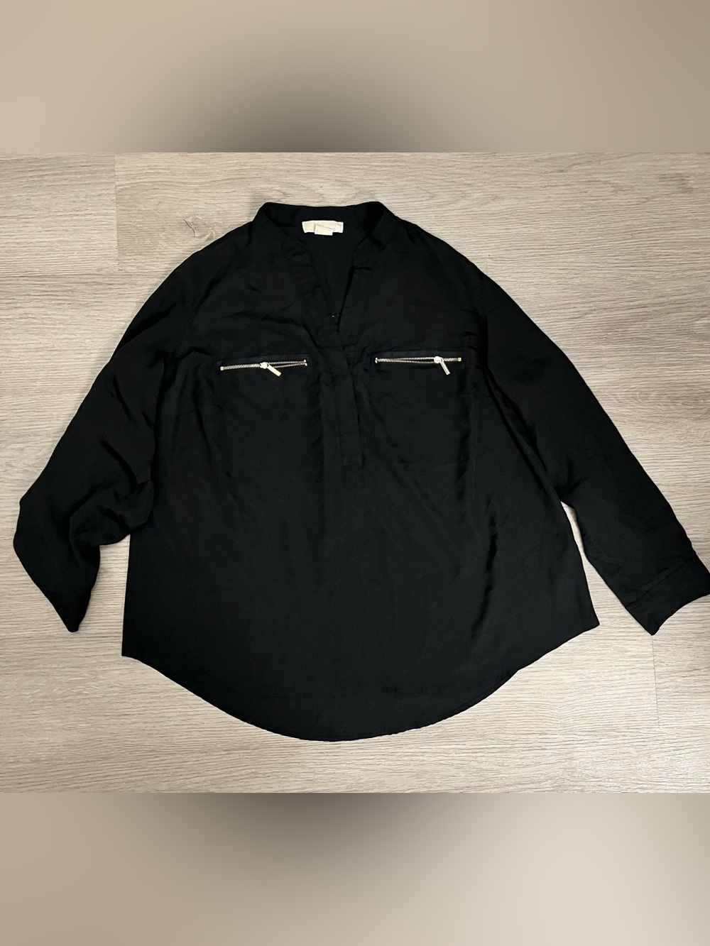 MICHAEL Michael Kors Black Split-Neck Blouse with Zip Chest Pockets 2X